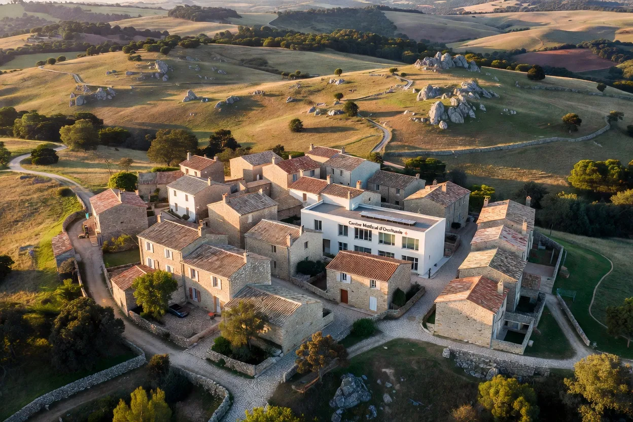 Territoire rural occitan avec centre médical, paysage Causse