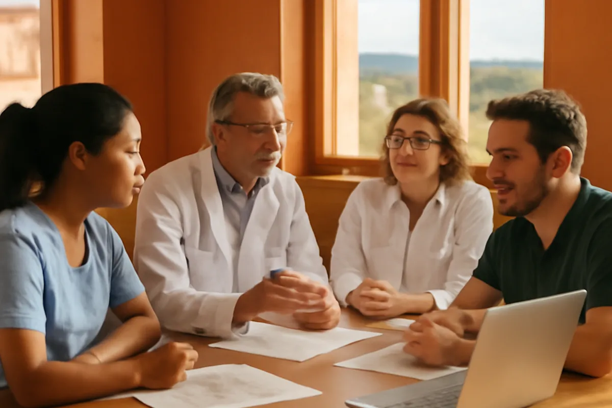 Réunion d'une équipe de soins primaires réunissant médecin, infirmière et kinésithérapeute