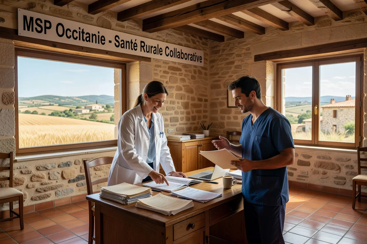 Deux professionnels de santé examinant des dossiers dans une MSP rurale