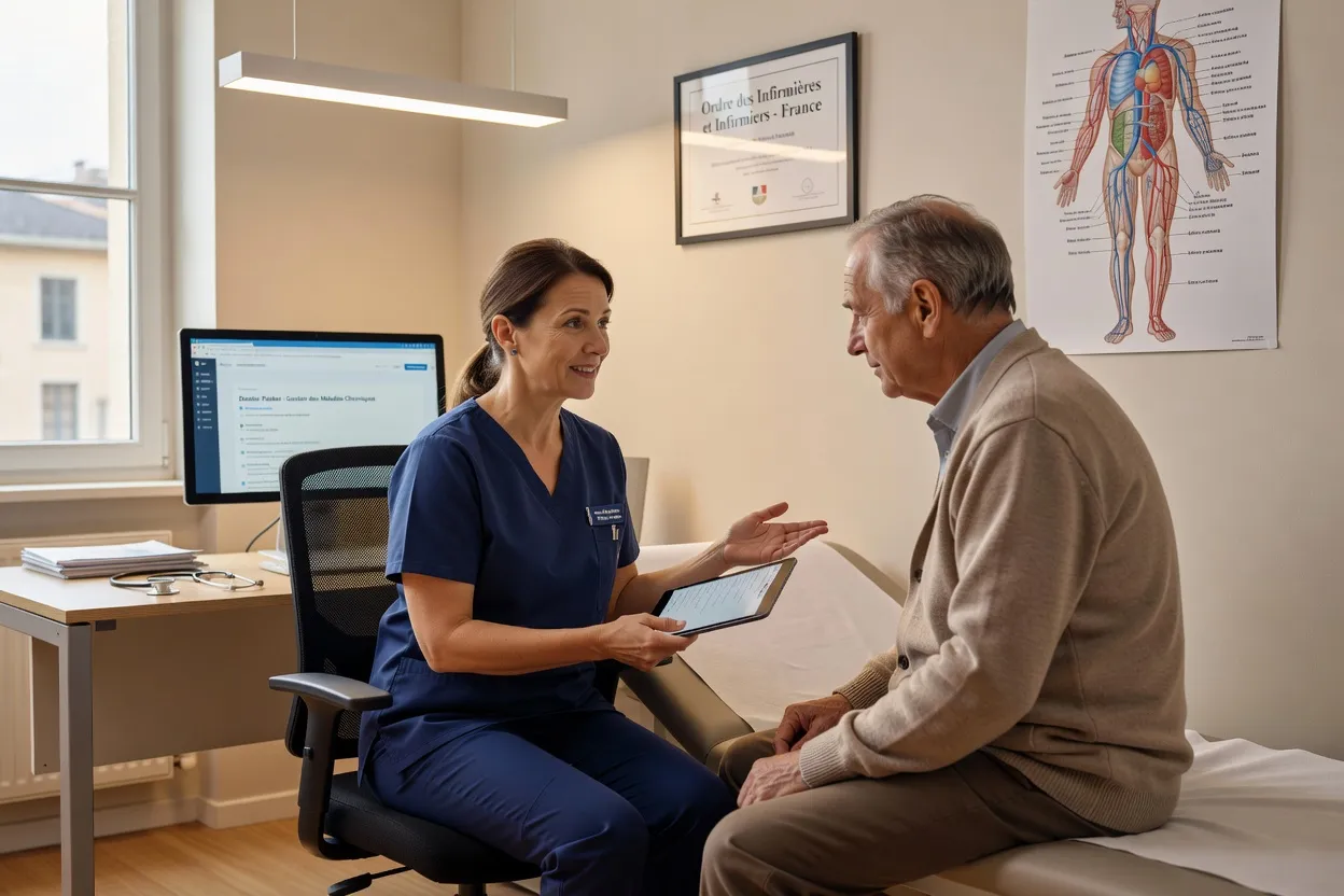 Infirmière en pratique avancée consultant un patient chronique dans une MSP