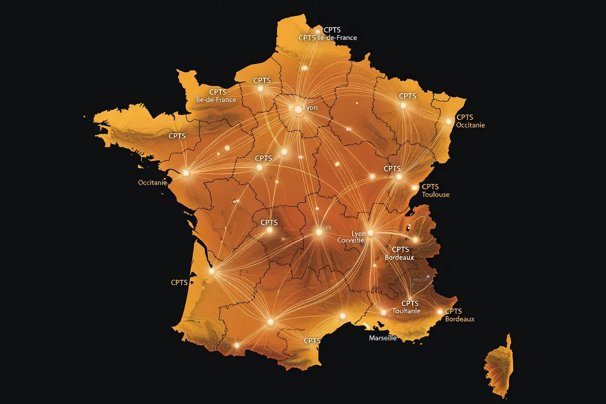 Carte de France avec points lumineux représentant les CPTS