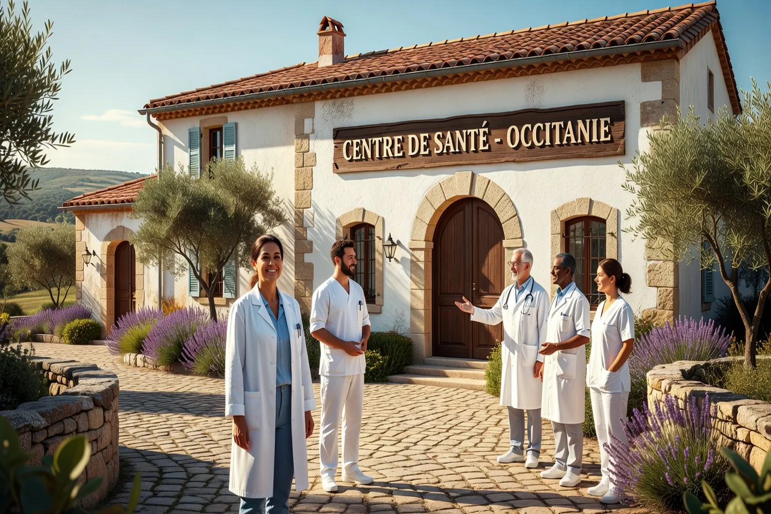 Vue aérienne d'un village occitan avec un bâtiment médical moderne