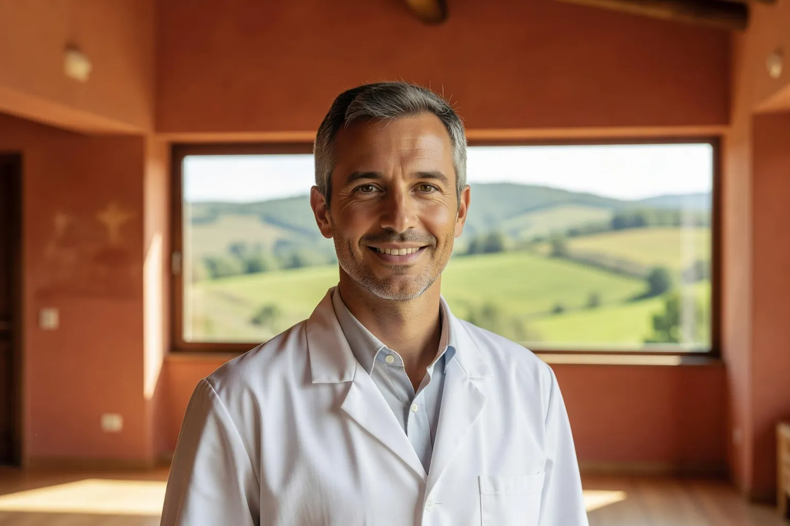 Médecin généraliste souriant devant sa maison de santé rurale en Occitanie