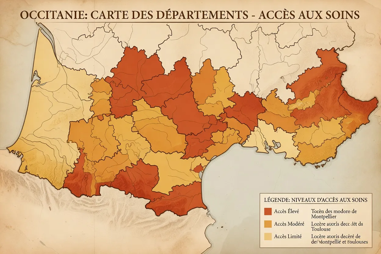 Carte de l'Occitanie avec les 13 départements colorés selon la densité médicale